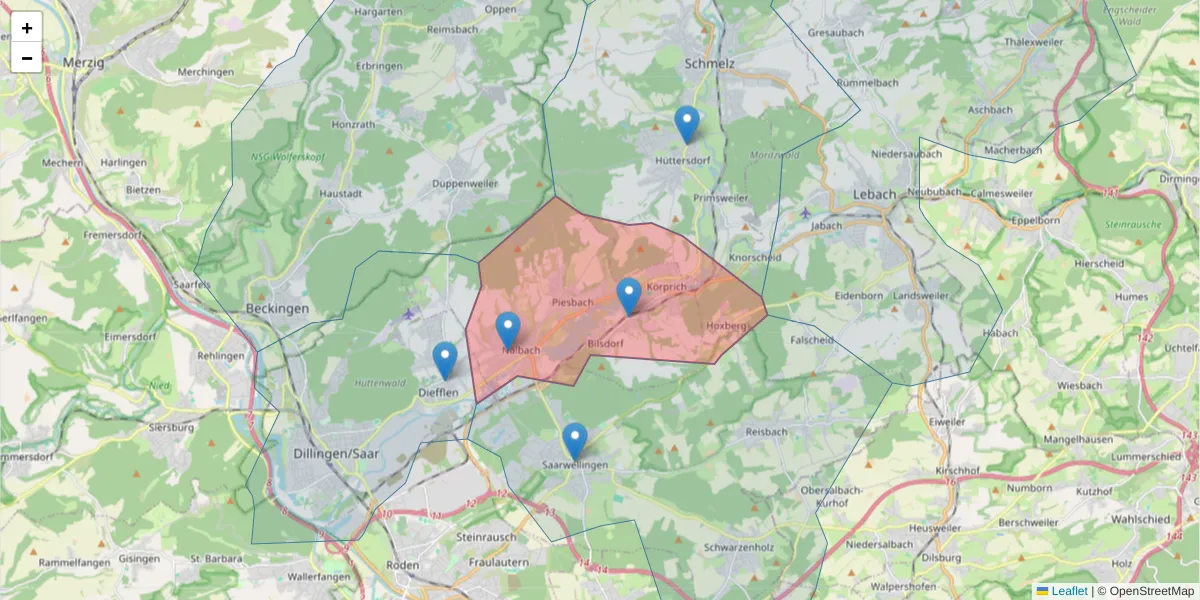Karte des Postleitzahlen Bereichs  und der umliegenden Postleitzahlen in Deutschland