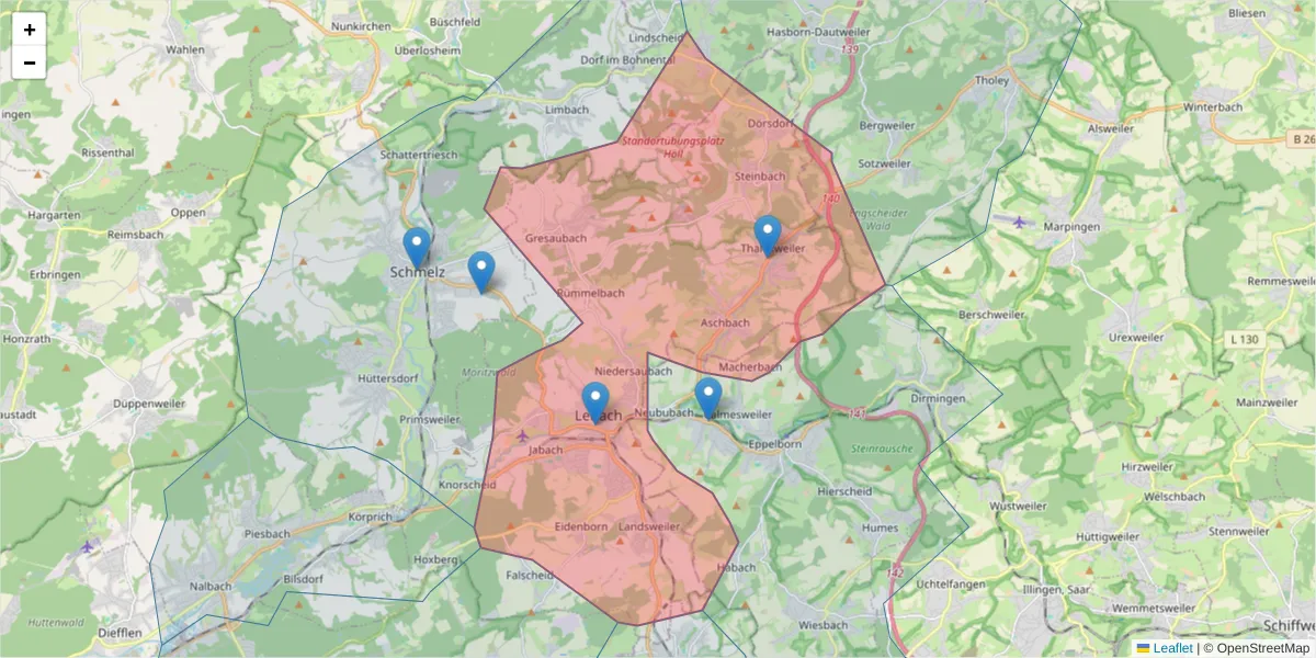 Karte des Postleitzahlen Bereichs  und der umliegenden Postleitzahlen in Deutschland