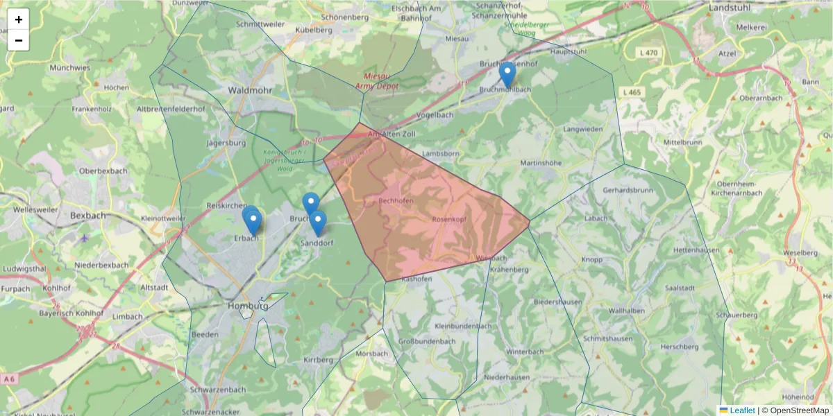 Karte des Postleitzahlen Bereichs  und der umliegenden Postleitzahlen in Deutschland