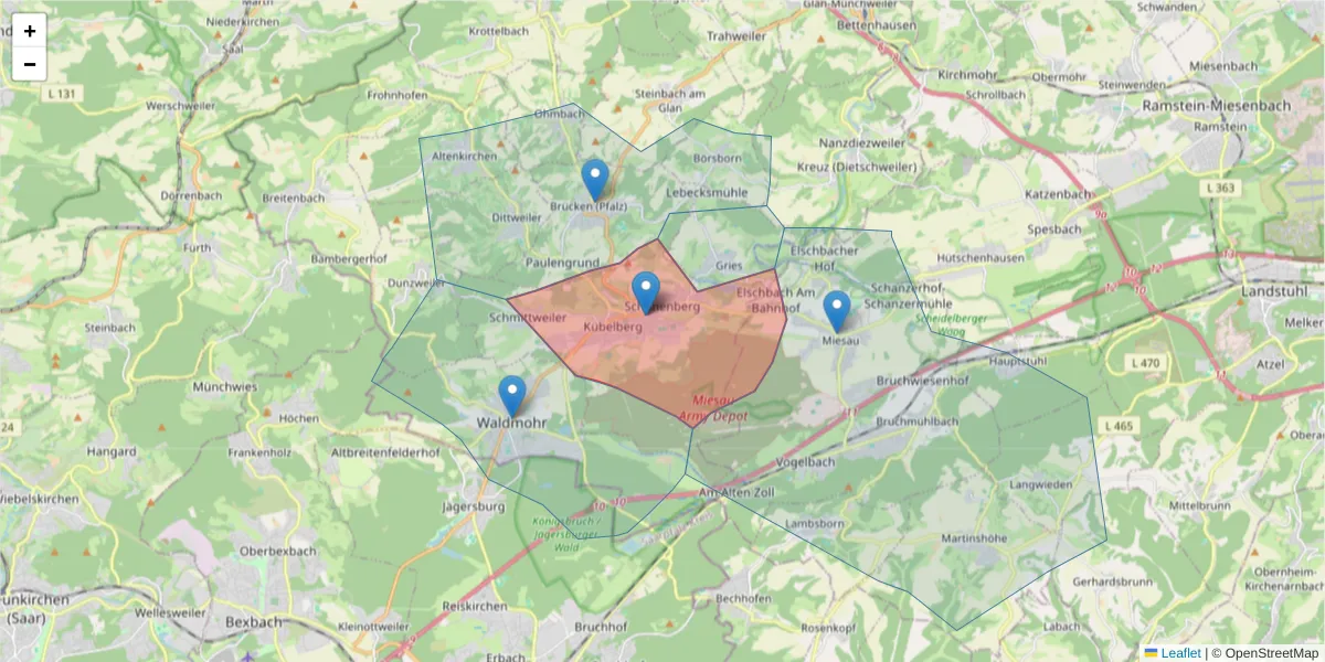 Karte des Postleitzahlen Bereichs  und der umliegenden Postleitzahlen in Deutschland