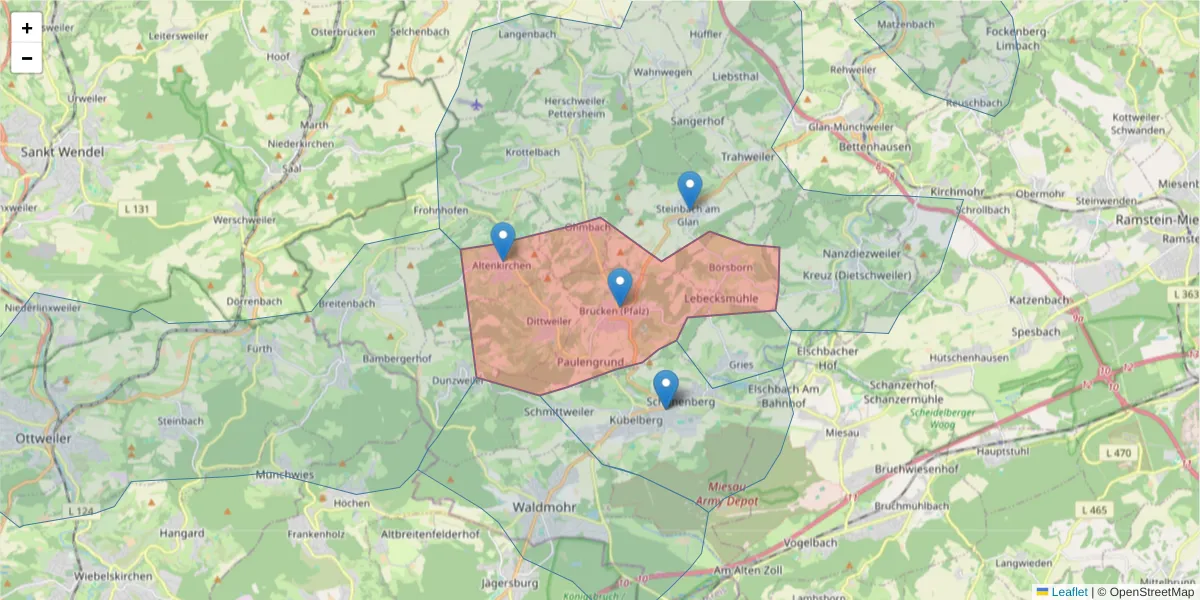 Karte des Postleitzahlen Bereichs  und der umliegenden Postleitzahlen in Deutschland