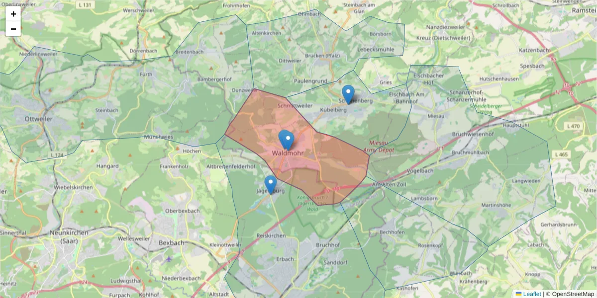 Karte des Postleitzahlen Bereichs  und der umliegenden Postleitzahlen in Deutschland