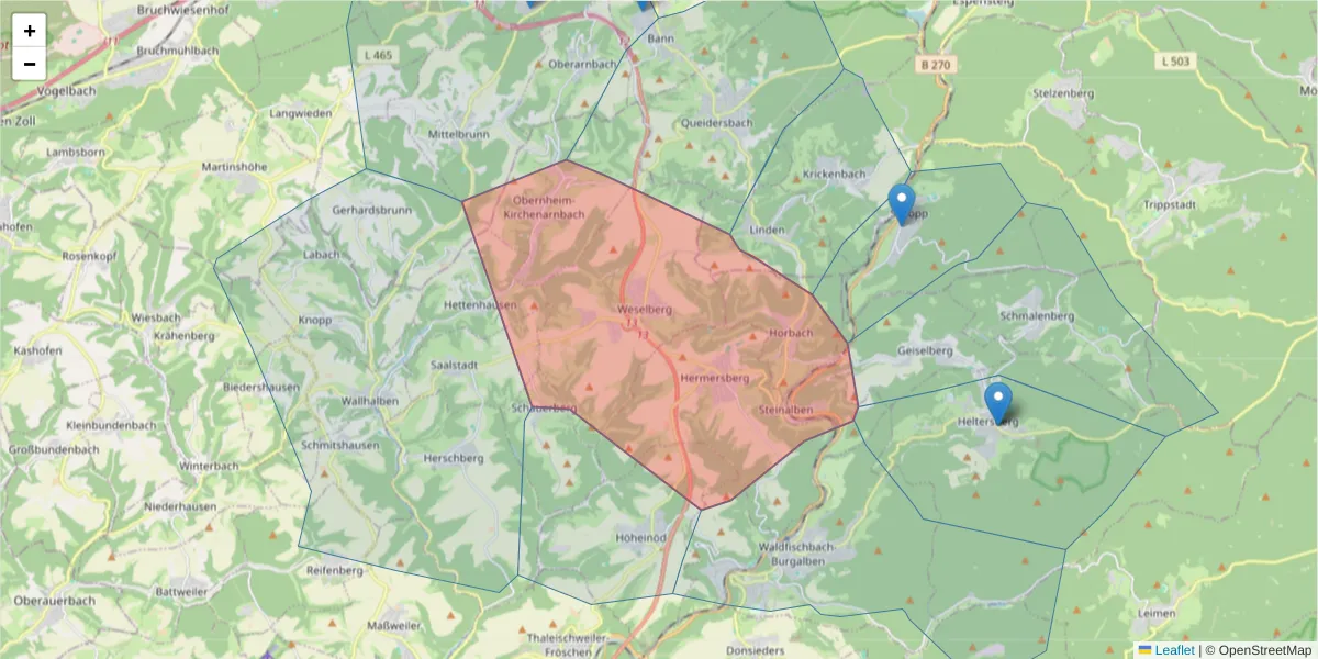 Karte des Postleitzahlen Bereichs  und der umliegenden Postleitzahlen in Deutschland