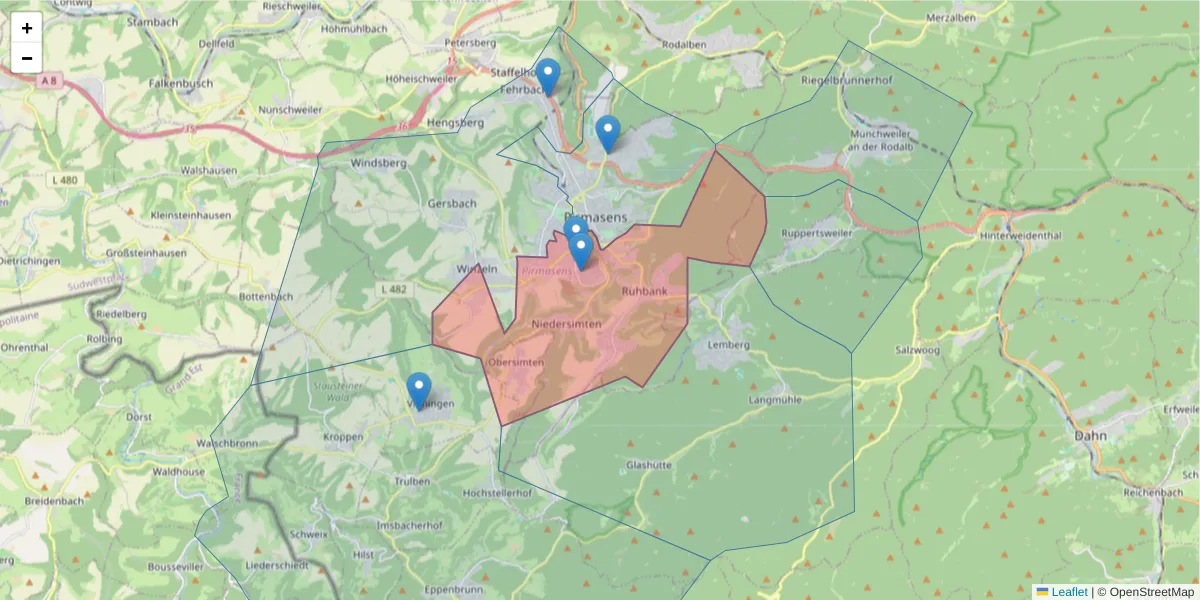 Karte des Postleitzahlen Bereichs  und der umliegenden Postleitzahlen in Deutschland