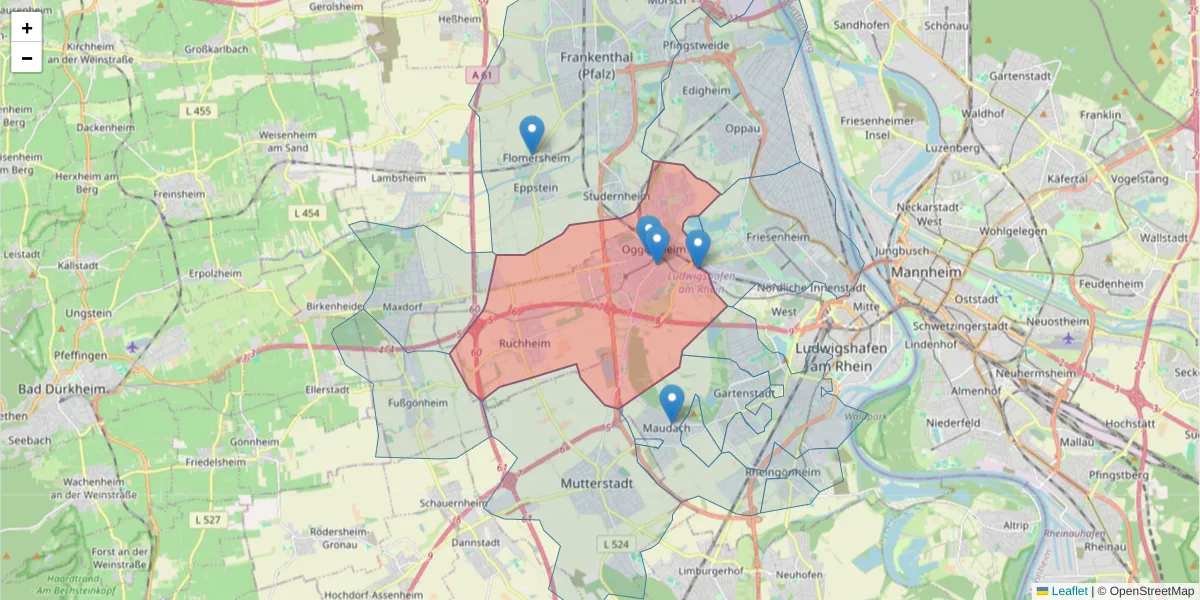 Karte des Postleitzahlen Bereichs  und der umliegenden Postleitzahlen in Deutschland