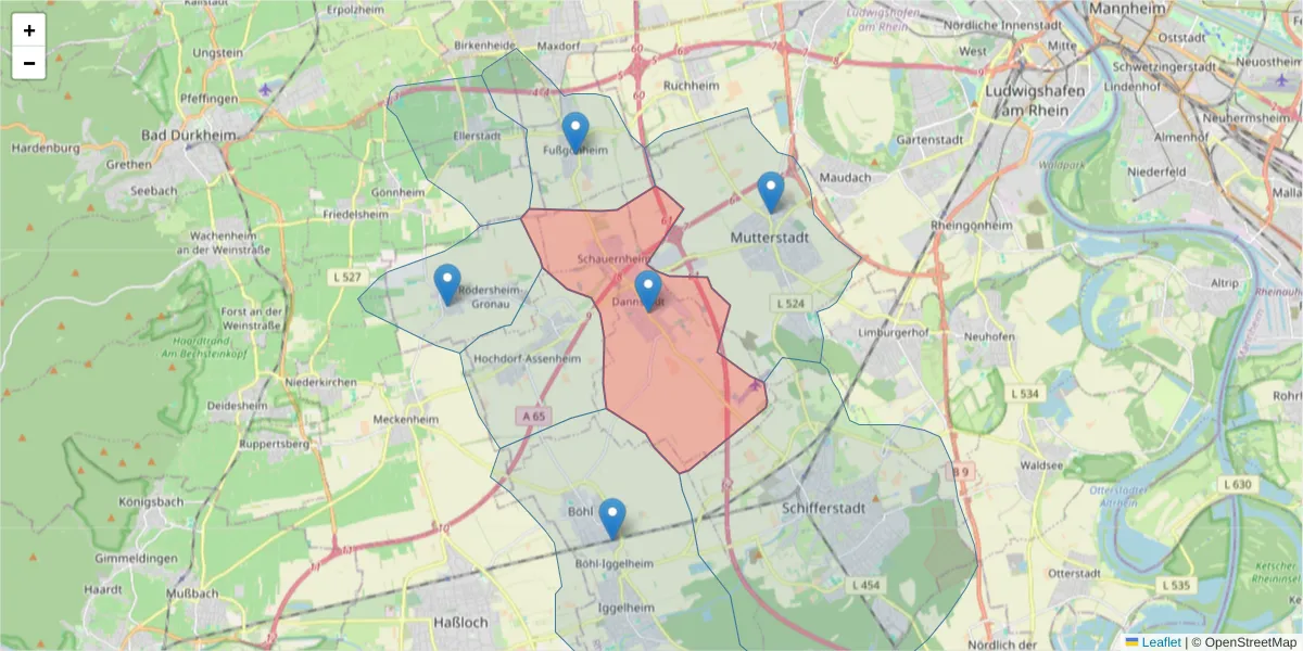 Karte des Postleitzahlen Bereichs  und der umliegenden Postleitzahlen in Deutschland