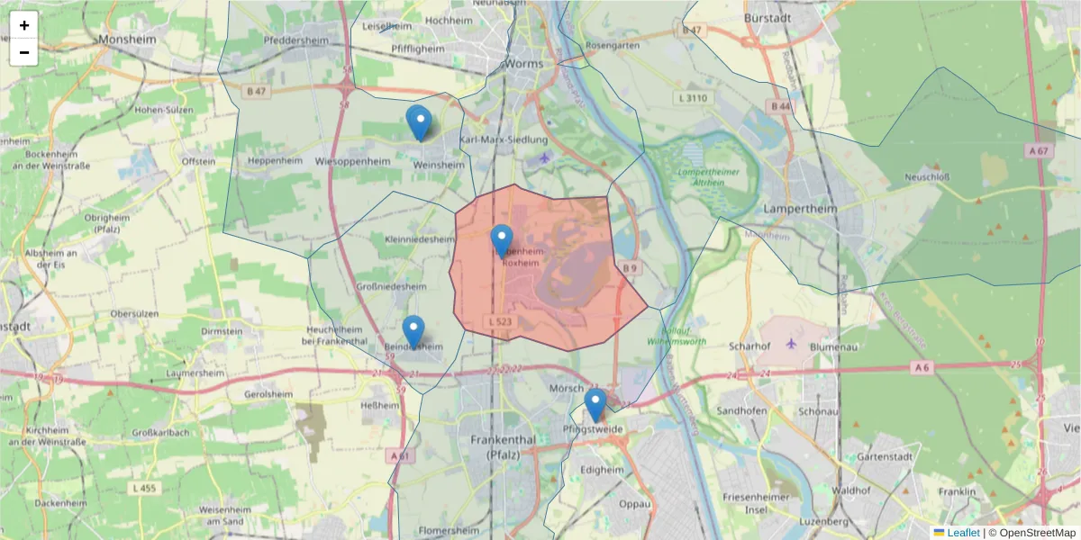 Karte des Postleitzahlen Bereichs  und der umliegenden Postleitzahlen in Deutschland