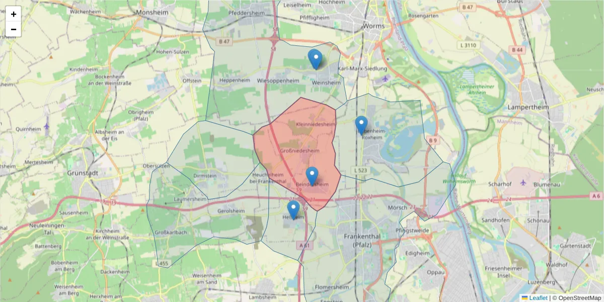 Karte des Postleitzahlen Bereichs  und der umliegenden Postleitzahlen in Deutschland