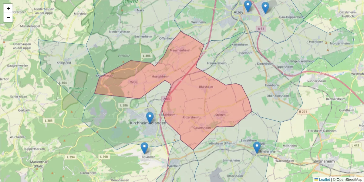 Karte des Postleitzahlen Bereichs  und der umliegenden Postleitzahlen in Deutschland