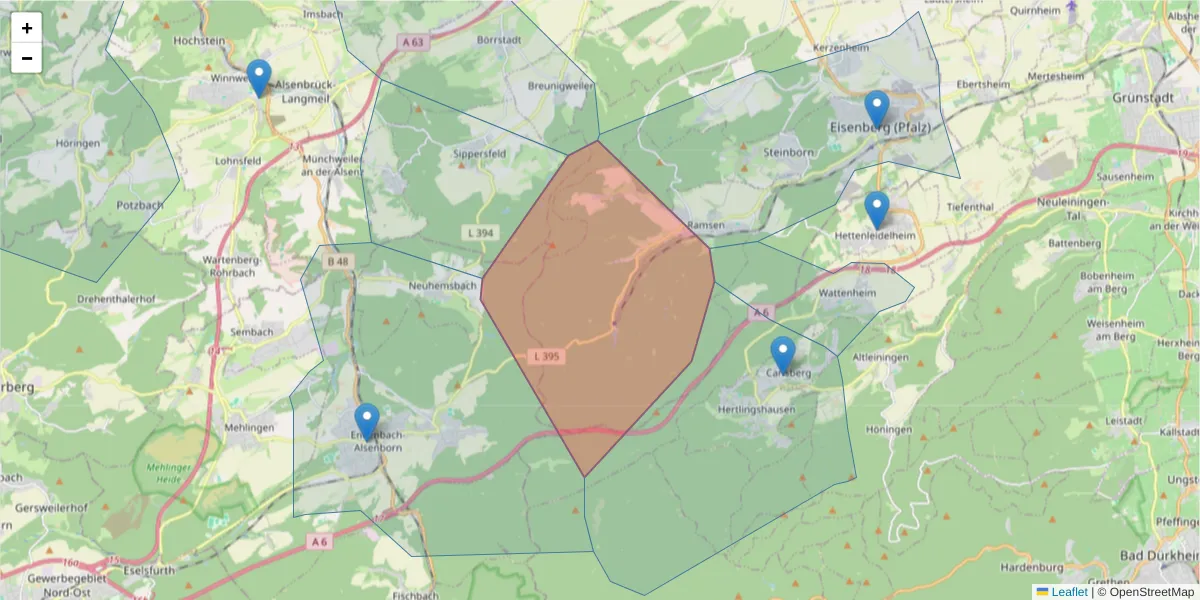 Karte des Postleitzahlen Bereichs  und der umliegenden Postleitzahlen in Deutschland