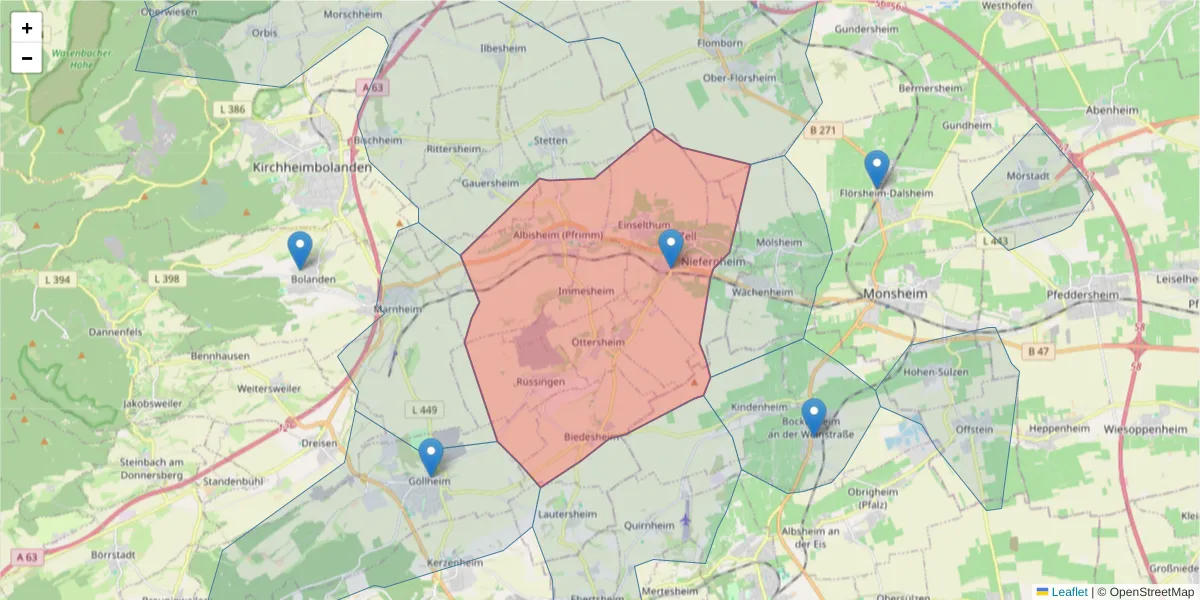 Karte des Postleitzahlen Bereichs  und der umliegenden Postleitzahlen in Deutschland