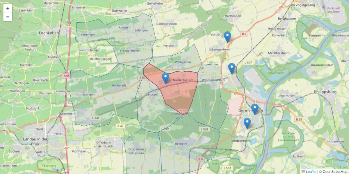 Karte des Postleitzahlen Bereichs  und der umliegenden Postleitzahlen in Deutschland