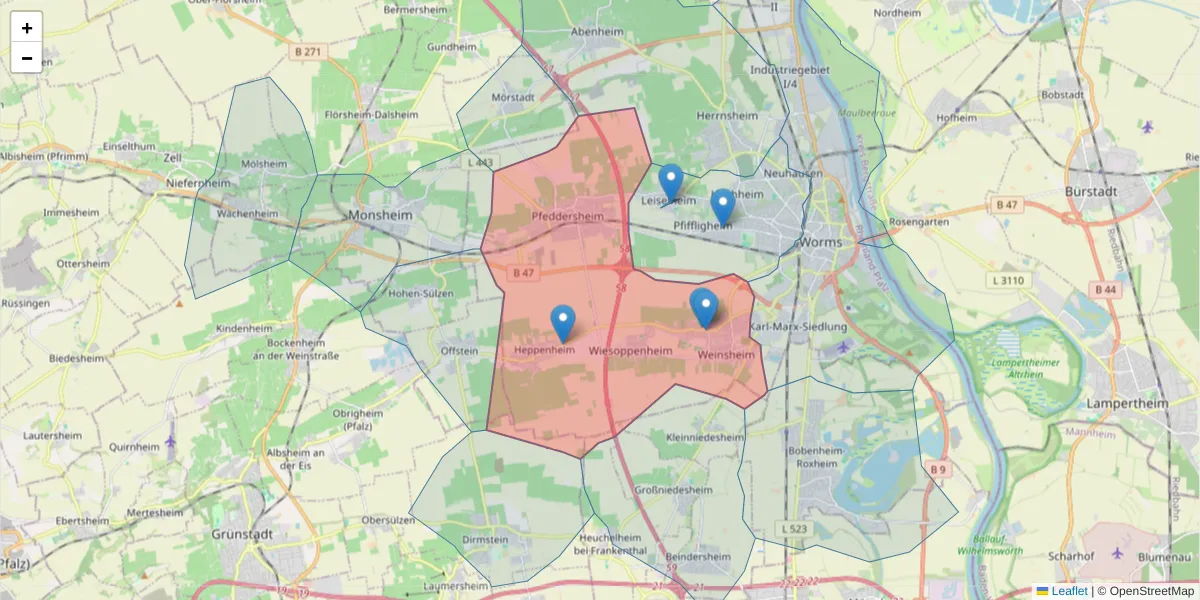 Karte des Postleitzahlen Bereichs  und der umliegenden Postleitzahlen in Deutschland