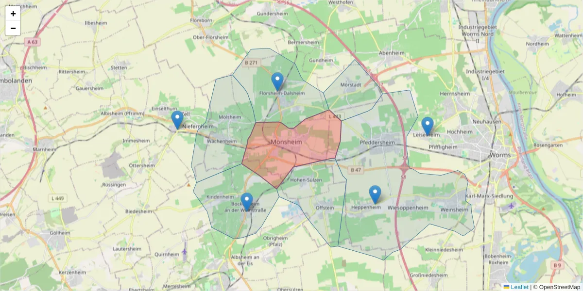 Karte des Postleitzahlen Bereichs  und der umliegenden Postleitzahlen in Deutschland