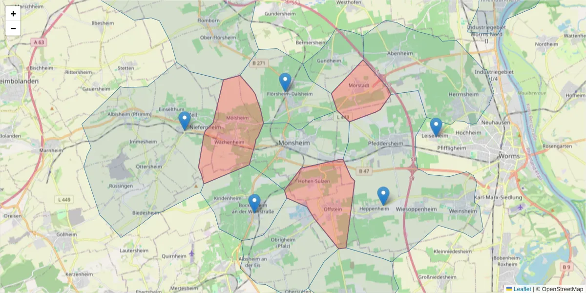 Karte des Postleitzahlen Bereichs  und der umliegenden Postleitzahlen in Deutschland