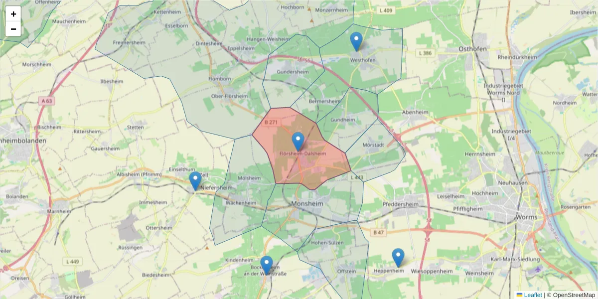 Karte des Postleitzahlen Bereichs  und der umliegenden Postleitzahlen in Deutschland