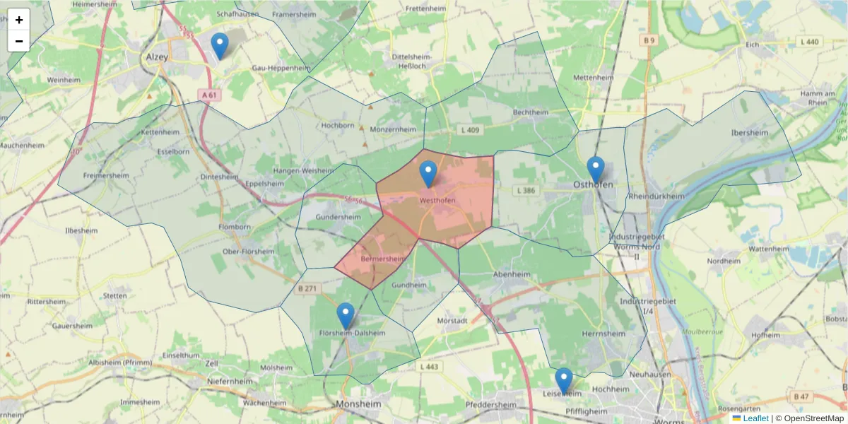 Karte des Postleitzahlen Bereichs  und der umliegenden Postleitzahlen in Deutschland