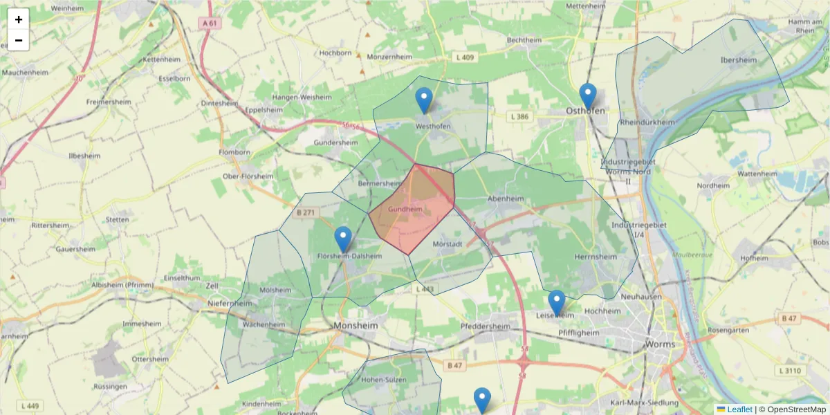 Karte des Postleitzahlen Bereichs  und der umliegenden Postleitzahlen in Deutschland
