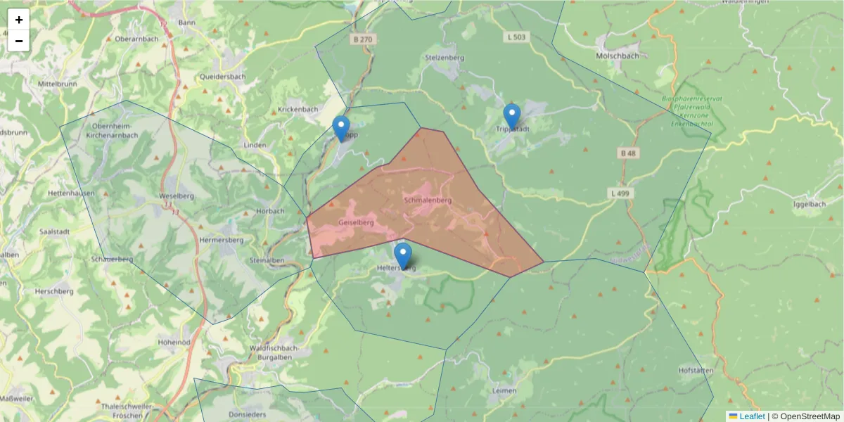 Karte des Postleitzahlen Bereichs  und der umliegenden Postleitzahlen in Deutschland
