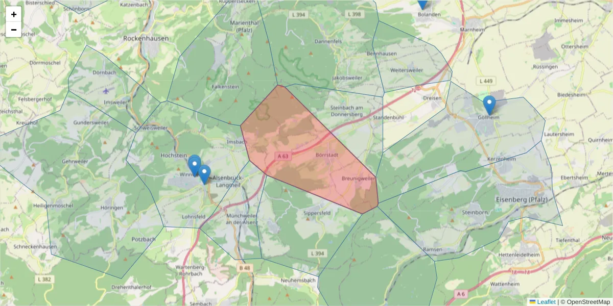 Karte des Postleitzahlen Bereichs  und der umliegenden Postleitzahlen in Deutschland