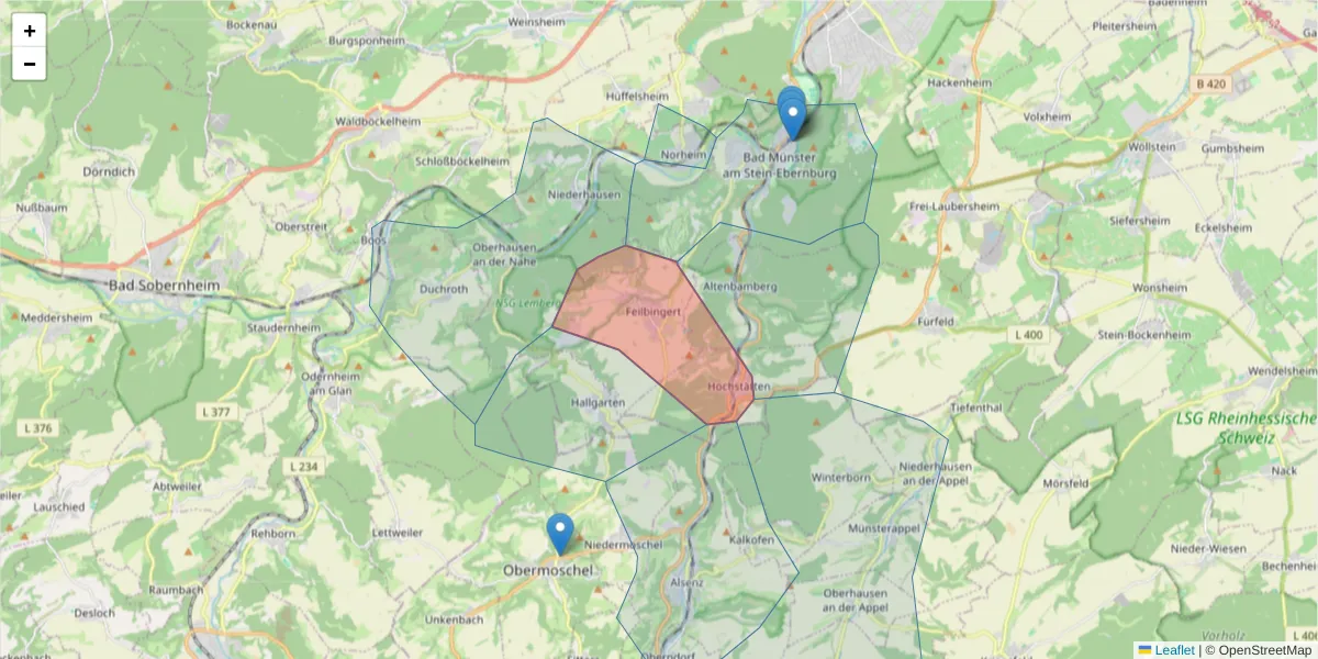 Karte des Postleitzahlen Bereichs  und der umliegenden Postleitzahlen in Deutschland