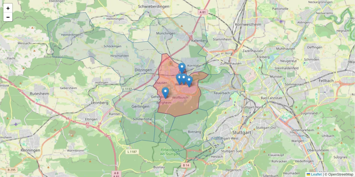 Karte des Postleitzahlen Bereichs  und der umliegenden Postleitzahlen in Deutschland