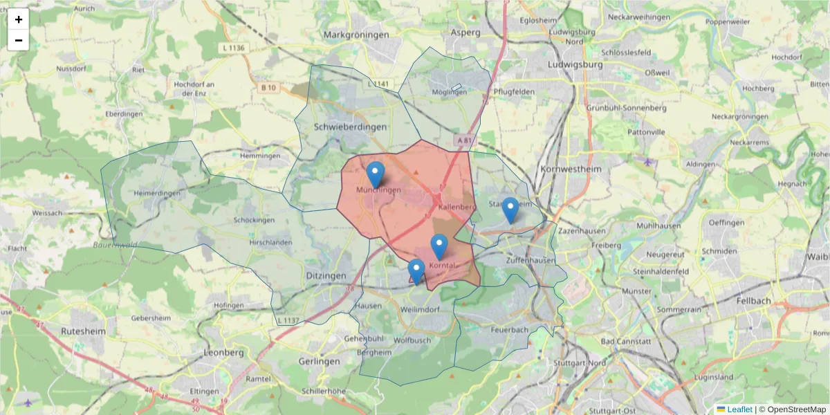 Karte des Postleitzahlen Bereichs  und der umliegenden Postleitzahlen in Deutschland
