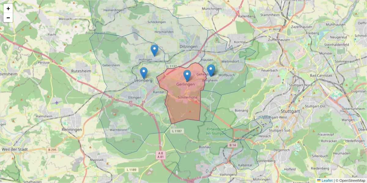 Karte des Postleitzahlen Bereichs  und der umliegenden Postleitzahlen in Deutschland