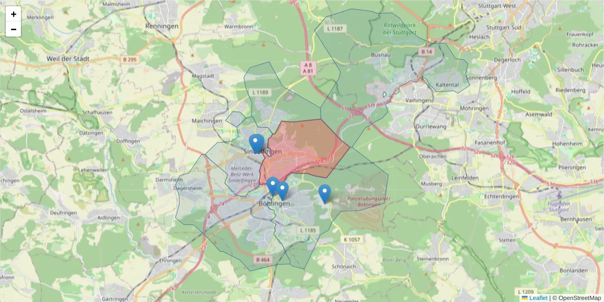 Karte des Postleitzahlen Bereichs  und der umliegenden Postleitzahlen in Deutschland