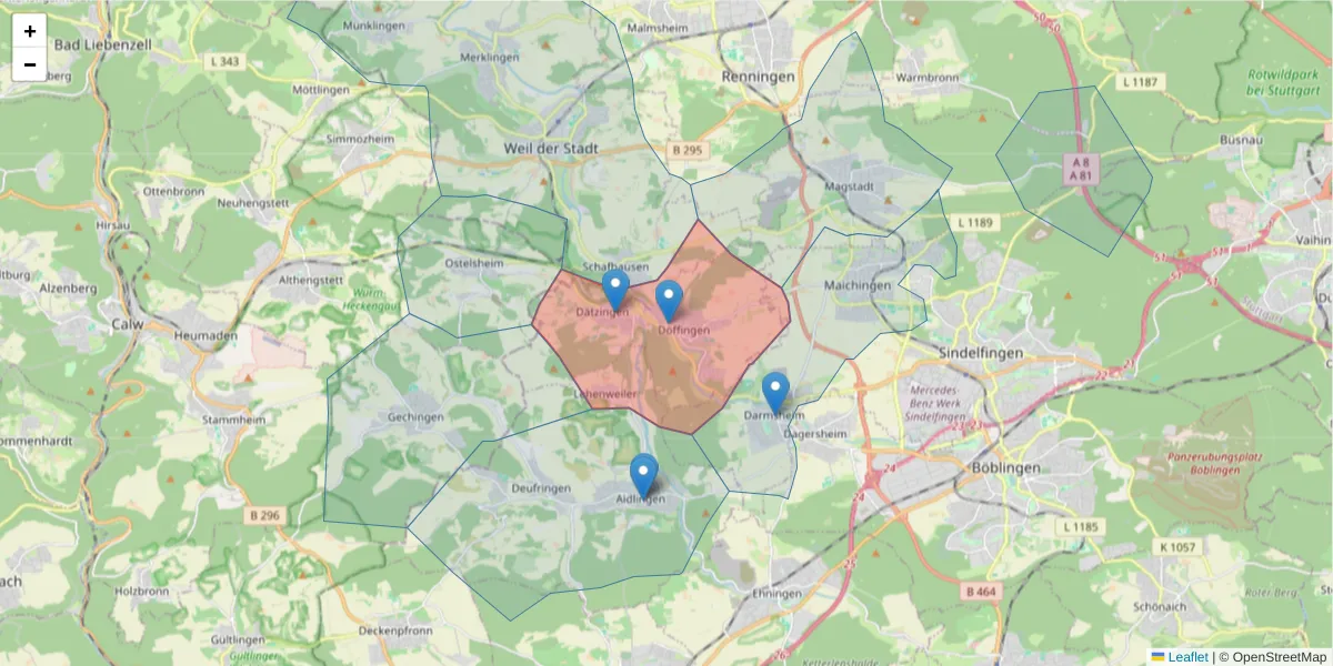 Karte des Postleitzahlen Bereichs  und der umliegenden Postleitzahlen in Deutschland