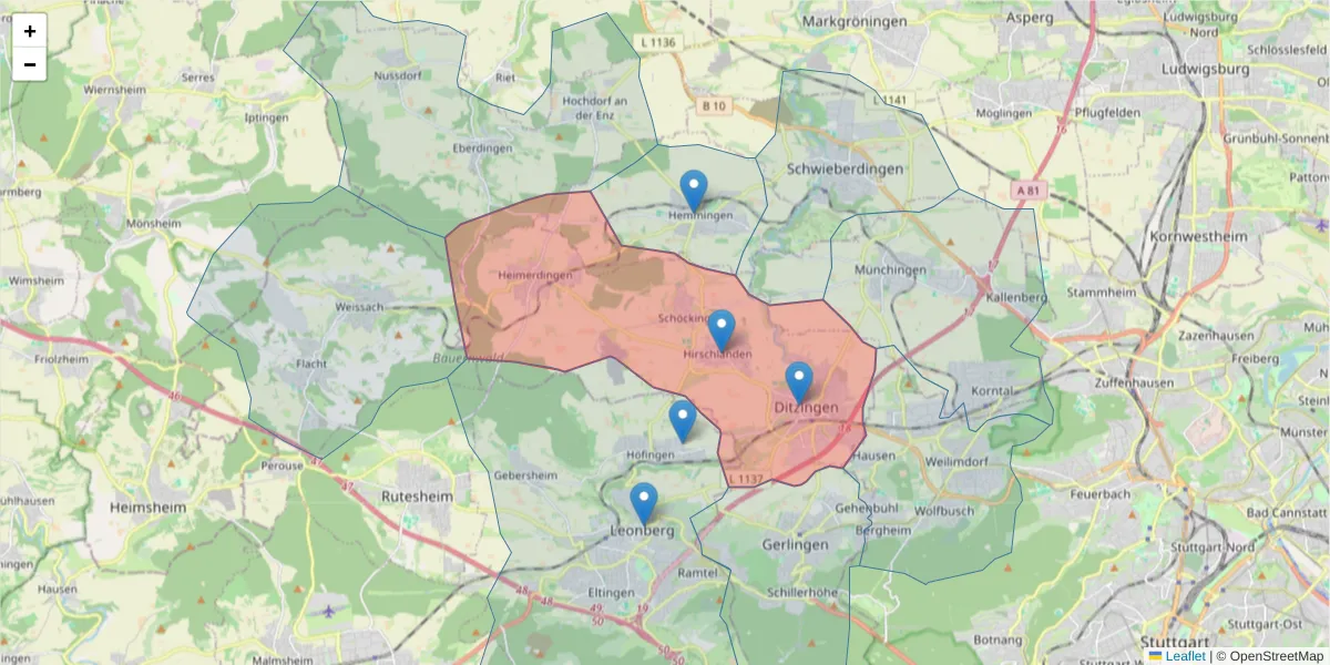 Karte des Postleitzahlen Bereichs  und der umliegenden Postleitzahlen in Deutschland