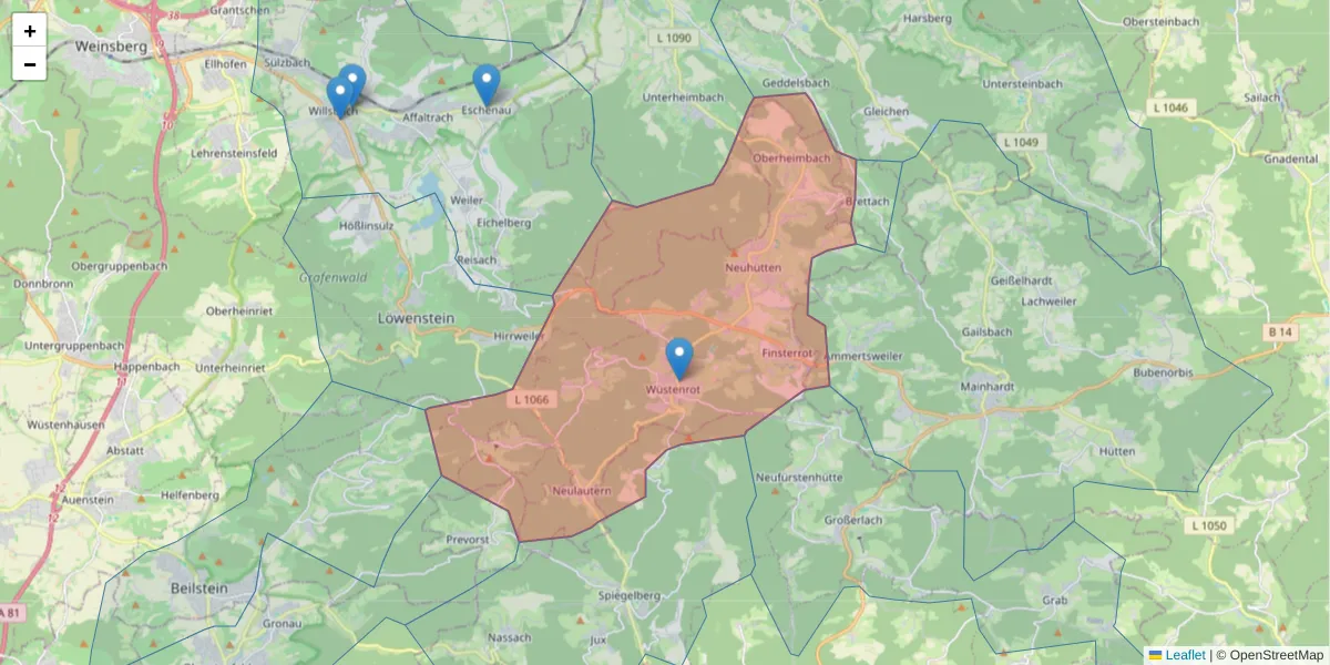 Karte des Postleitzahlen Bereichs  und der umliegenden Postleitzahlen in Deutschland