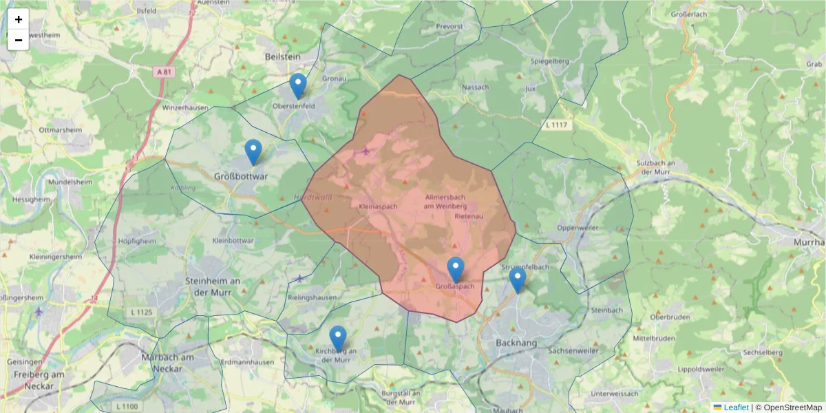 Karte des Postleitzahlen Bereichs  und der umliegenden Postleitzahlen in Deutschland