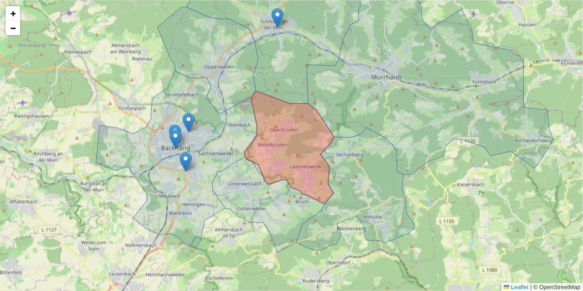 Karte des Postleitzahlen Bereichs  und der umliegenden Postleitzahlen in Deutschland
