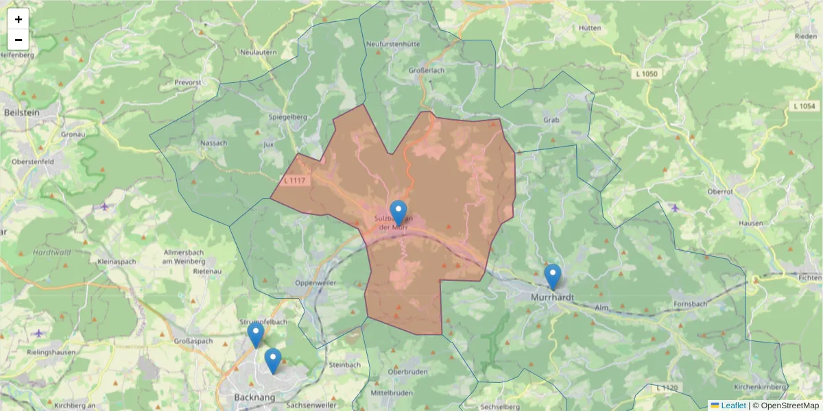 Karte des Postleitzahlen Bereichs  und der umliegenden Postleitzahlen in Deutschland
