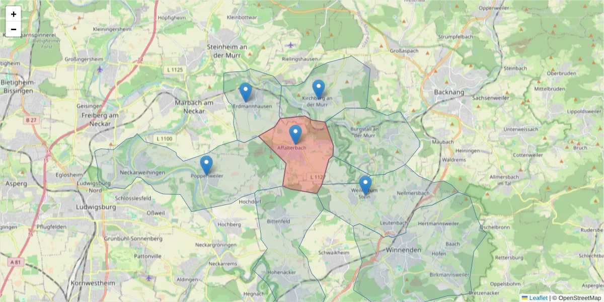 Karte des Postleitzahlen Bereichs  und der umliegenden Postleitzahlen in Deutschland