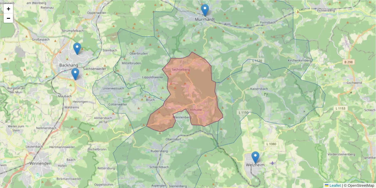 Karte des Postleitzahlen Bereichs  und der umliegenden Postleitzahlen in Deutschland