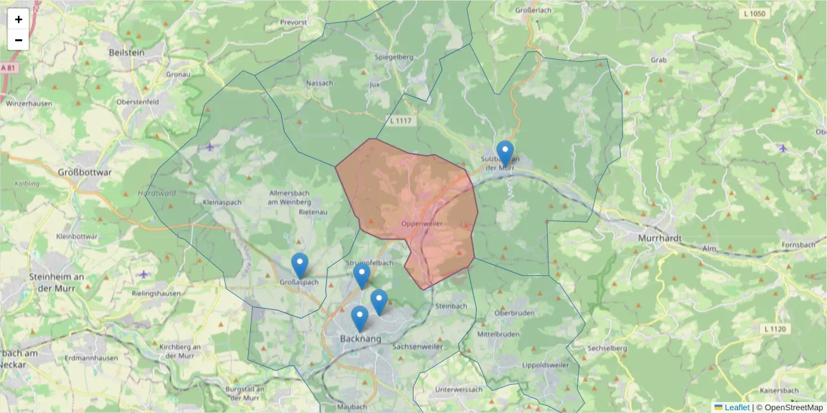 Karte des Postleitzahlen Bereichs  und der umliegenden Postleitzahlen in Deutschland