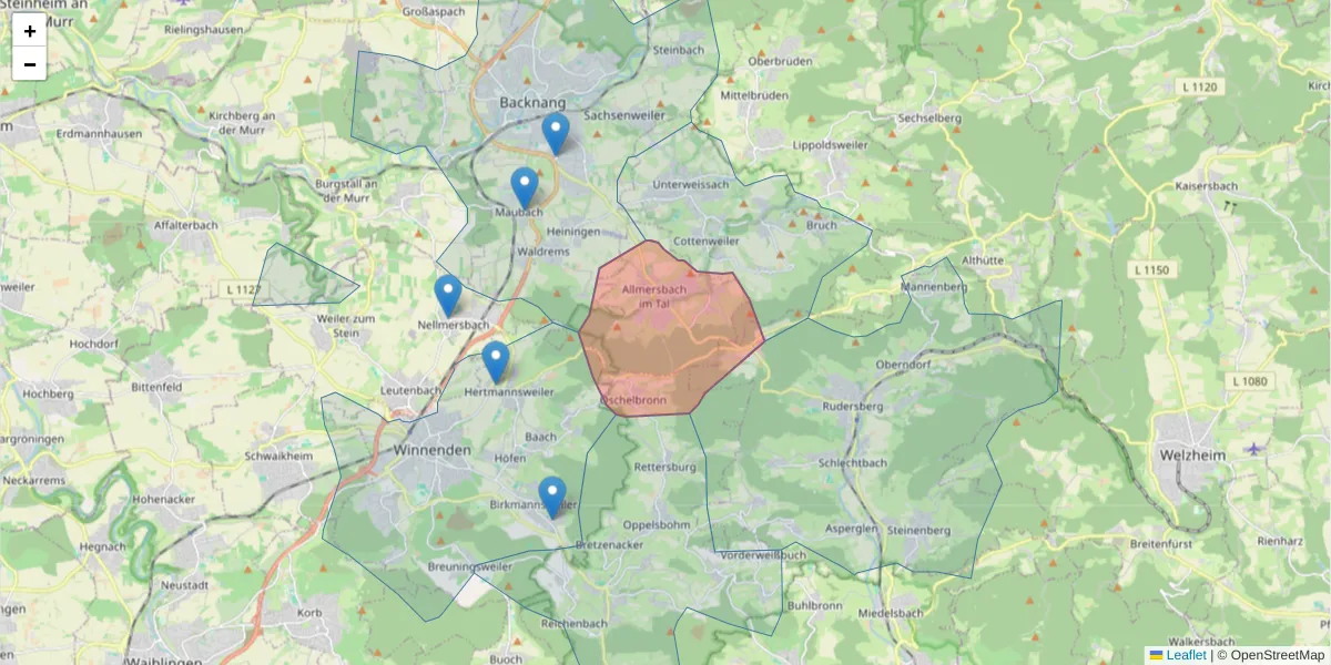Karte des Postleitzahlen Bereichs  und der umliegenden Postleitzahlen in Deutschland