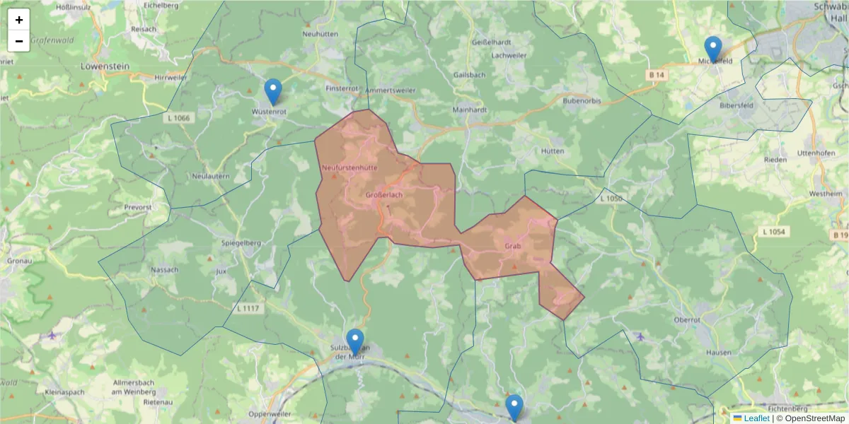 Karte des Postleitzahlen Bereichs  und der umliegenden Postleitzahlen in Deutschland