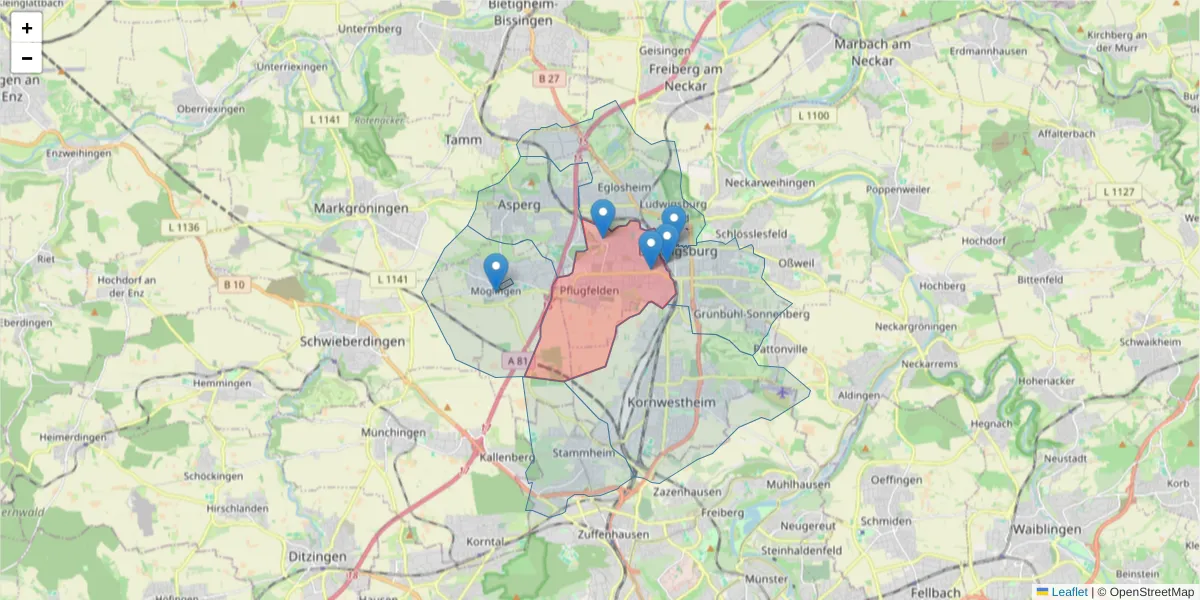 Karte des Postleitzahlen Bereichs  und der umliegenden Postleitzahlen in Deutschland