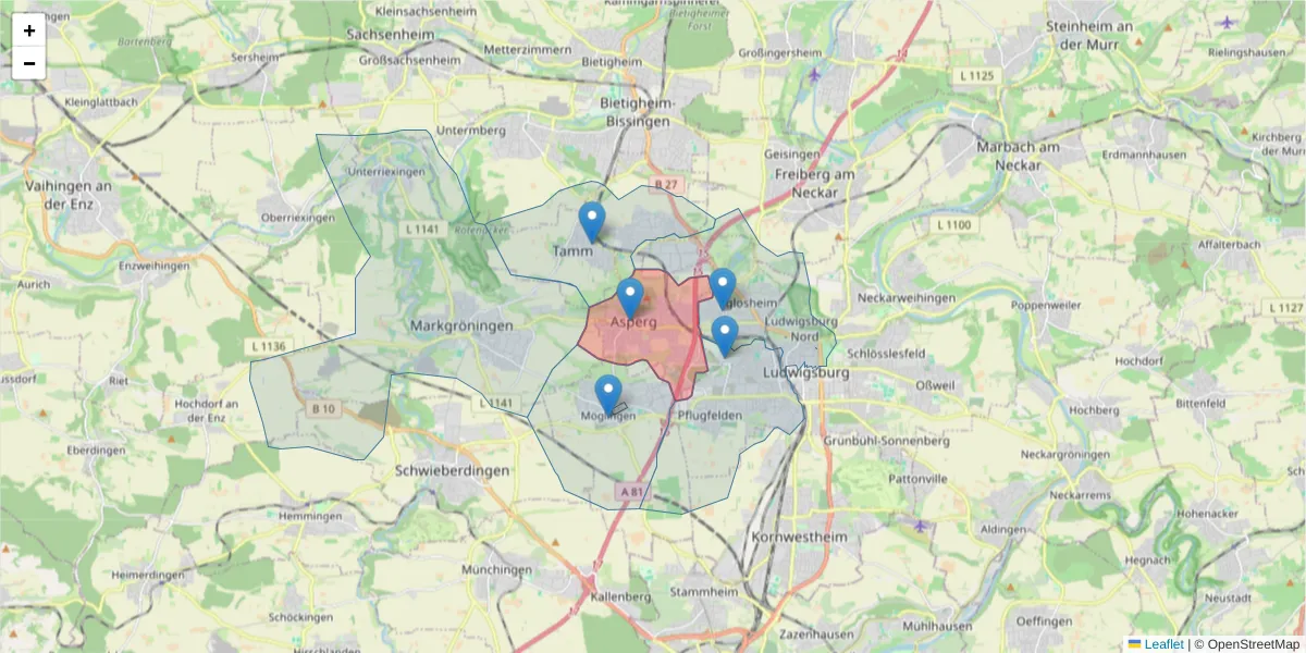 Karte des Postleitzahlen Bereichs  und der umliegenden Postleitzahlen in Deutschland