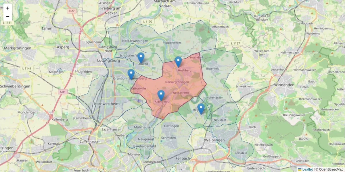 Karte des Postleitzahlen Bereichs  und der umliegenden Postleitzahlen in Deutschland