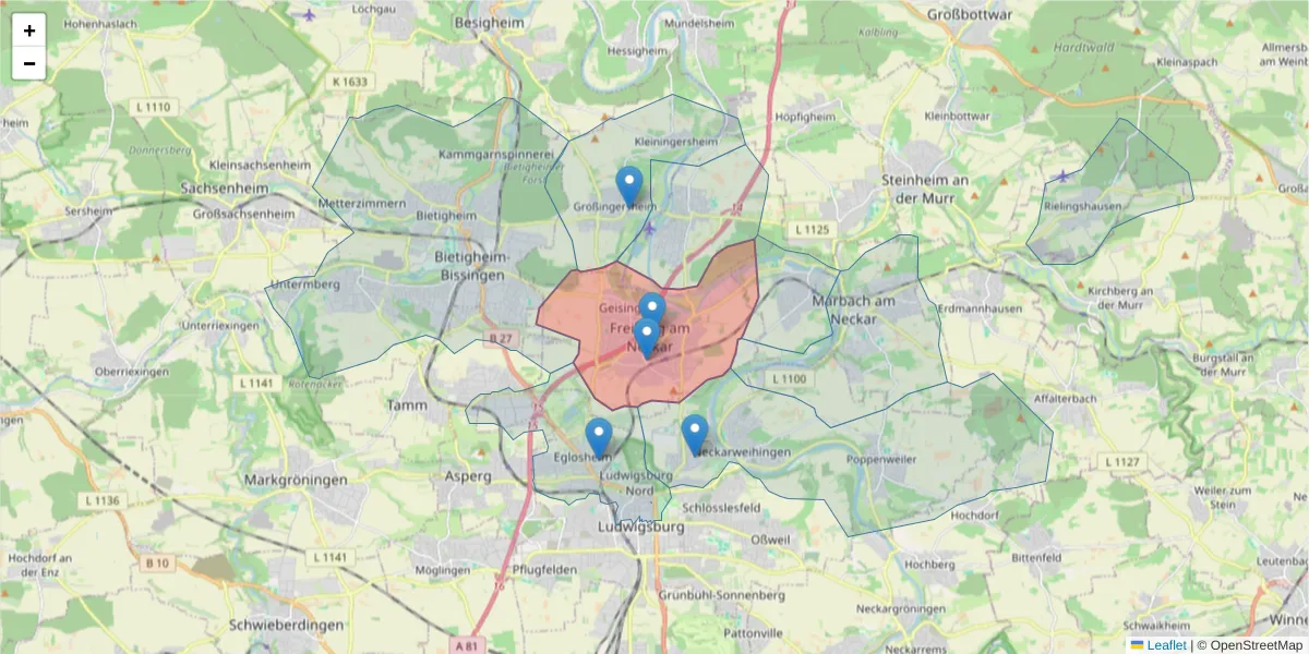 Karte des Postleitzahlen Bereichs  und der umliegenden Postleitzahlen in Deutschland
