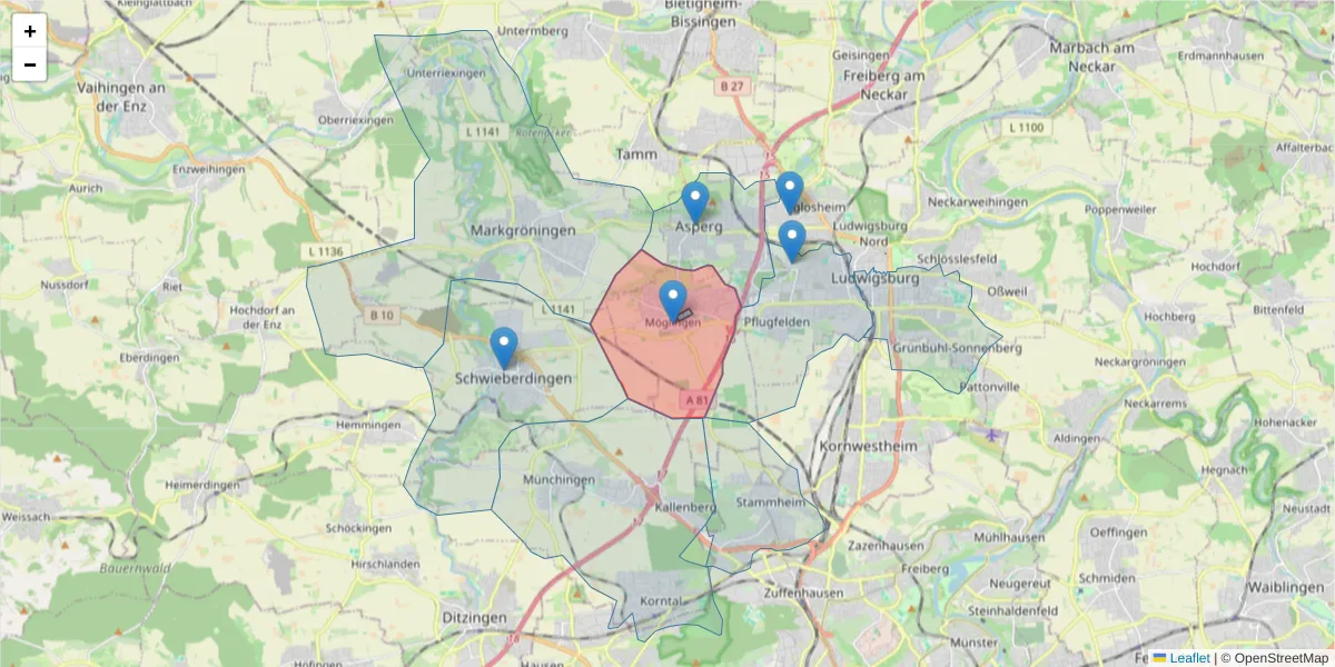 Karte des Postleitzahlen Bereichs  und der umliegenden Postleitzahlen in Deutschland