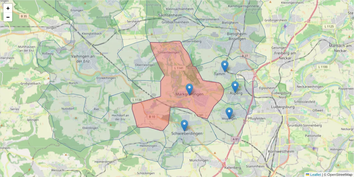 Karte des Postleitzahlen Bereichs  und der umliegenden Postleitzahlen in Deutschland