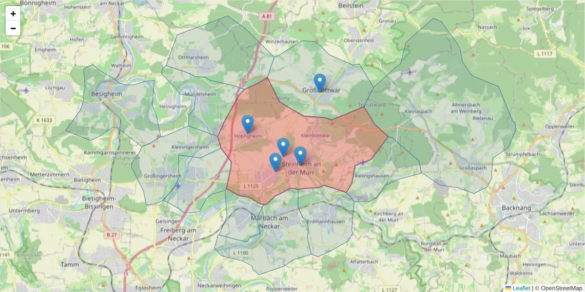 Karte des Postleitzahlen Bereichs  und der umliegenden Postleitzahlen in Deutschland