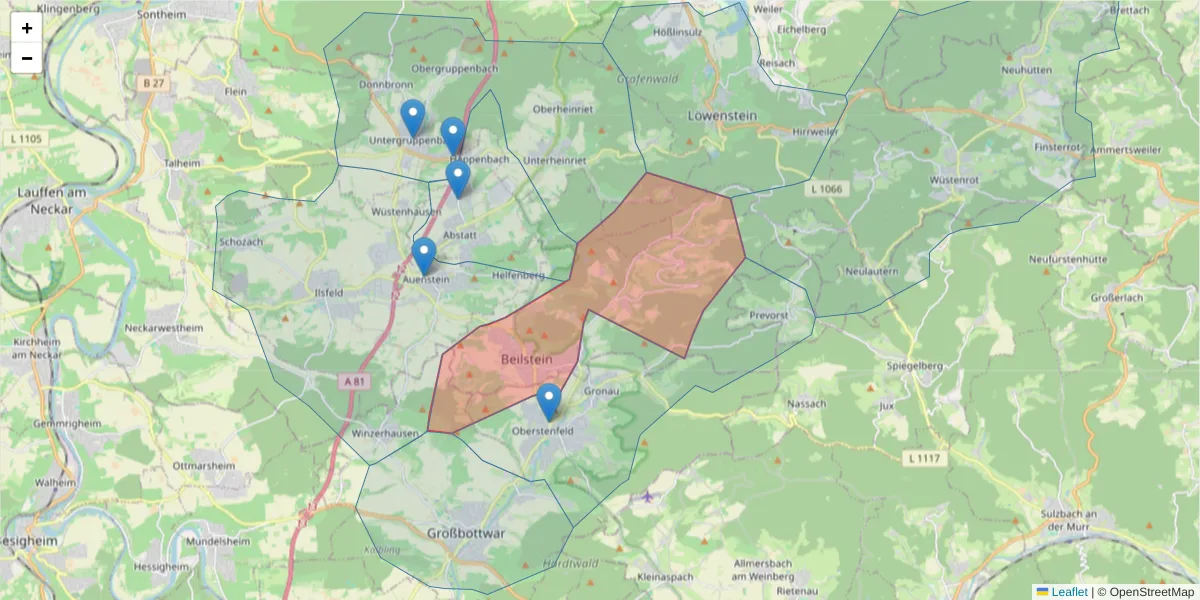 Karte des Postleitzahlen Bereichs  und der umliegenden Postleitzahlen in Deutschland