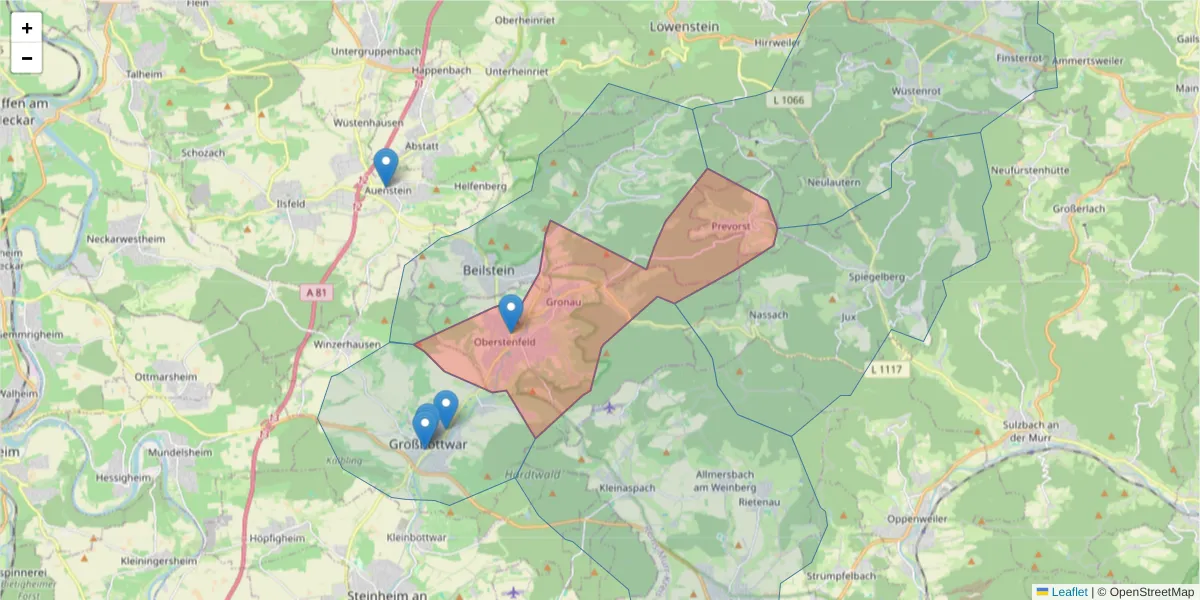 Karte des Postleitzahlen Bereichs  und der umliegenden Postleitzahlen in Deutschland
