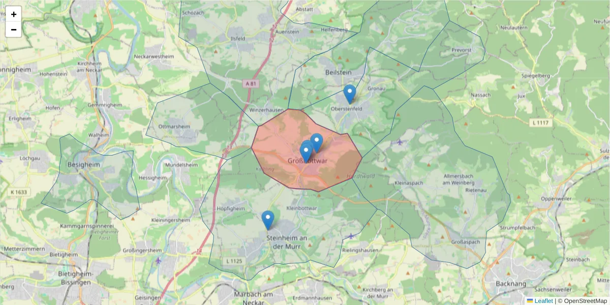 Karte des Postleitzahlen Bereichs  und der umliegenden Postleitzahlen in Deutschland